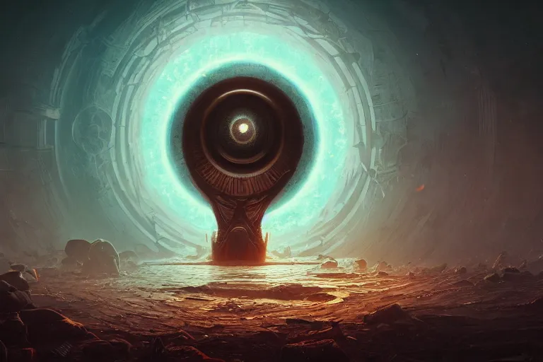 Image similar to portrait of a mystical giant eye, intricate, abstract, cinematic, octane render, wlop, greg rutkowski, dan mumford, artgerm