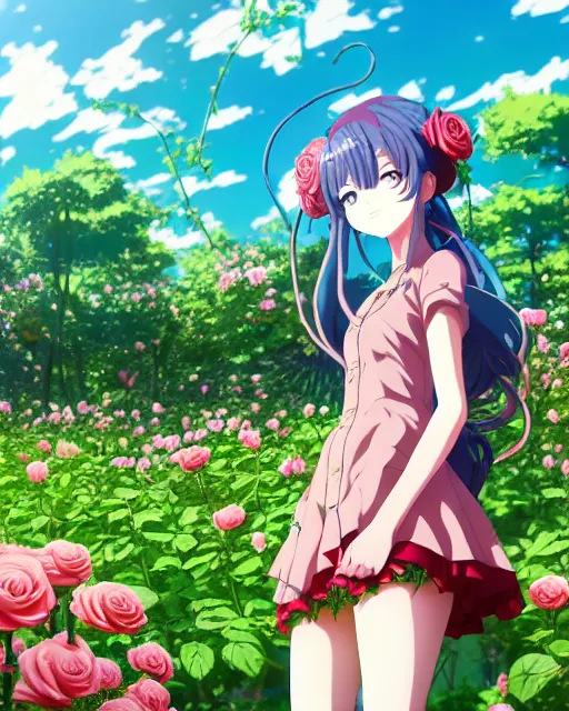 Prompt: cyborg girl in solarpunk rose garden, contemplation, anime epic artwork, kyoto animation, key visual, 4 k, ultra fine detail