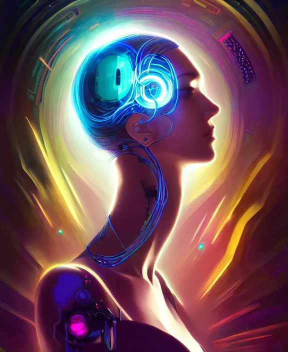 Image similar to a whirlwind of souls rushing inside the metaverse, hologram, half body, neurochip, shaved temple, piercing, jewelry, android, cyborg, cyberpunk face, by loish, d & d, fantasy, intricate, elegant, highly detailed, colorful, digital painting, artstation, concept art, art by artgerm and greg rutkowski and alphonse mucha