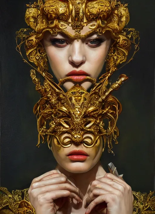 Prompt: highly detailed oil painting | very intricate | cinematic lighting | award - winning | golden baroque tiki mask fashion by alexander mcqueen | by roberto ferri, by tom bagshaw, by j. c. leyendecker and klimt, american romanticism, by austin osman spare, artstation, cgsociety, official art, octane