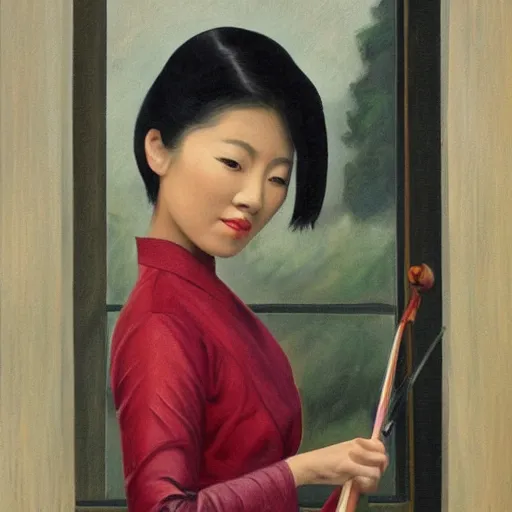 Prompt: painting of beautiful asian woman playing violin in front of a window