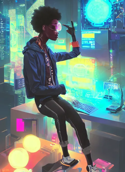 Prompt: afro - cyberpunk scientist, computers and holograms, hacking the metaverse | hyperrealistic oil painting | by makoto shinkai, ilya kuvshinov, lois van baarle, rossdraws, basquiat | afrofuturism, in the style of hearthstone, trending on artstation | dark color scheme