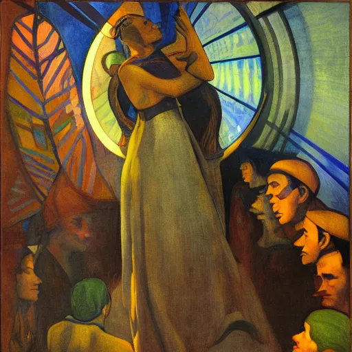 Image similar to the shaman of the subway, an art deco painting by annie swynnerton and leo and diane dillon and diego rivera and nicholas roerich, dramatic lighting, god rays, smooth, sharp focus, highly detailed