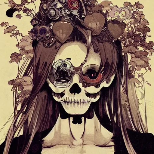 Image similar to anime manga skull portrait girl female skeleton hair illustration detailed ballon emoji patterns in background art Geof Darrow and Phil hale and Ashley wood and Ilya repin alphonse mucha pop art nouveau