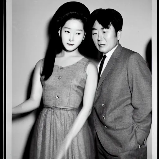 Image similar to 1960s press archive of the actress Choi Eun-Hee and director Shin Sang-ok, Reuters, 35mm film, film grain, mysterious exterior, flash and flare, underexposed