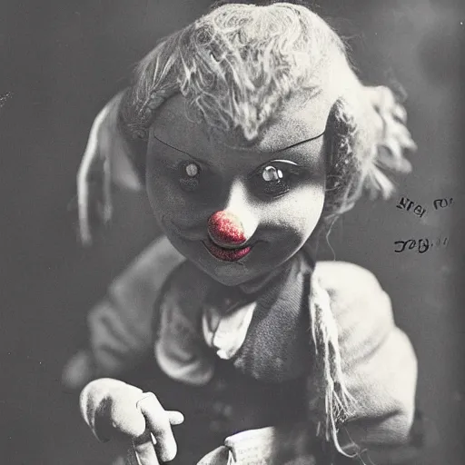 Image similar to clown ventriloquist doll smiling, ventriloquist dummy, photo, surrealistic, creepy, dark, epic, cinematic, style of atget, detailed