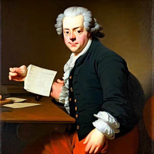 Prompt: joseph ducreux, john l. krimmel, william hogarth realist portrait of a man pointing at a laptop, oil on canvas, aged, focused, sharp, detailed, 8 k