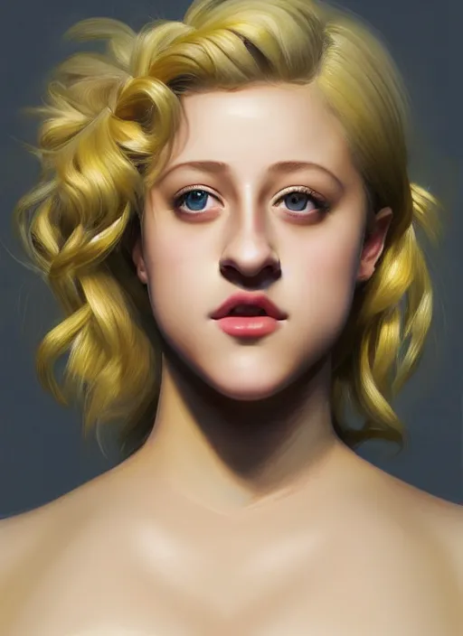 Image similar to full body portrait, teenage lili reinhart, blonde hair, obese, bangs, ponytail, sultry, realistic, sultry smirk, fluffy bangs, curly bangs, fat, belly, intricate, elegant, highly detailed, digital painting, artstation, concept art, smooth, sharp focus, illustration, art by wlop, mars ravelo and greg rutkowski