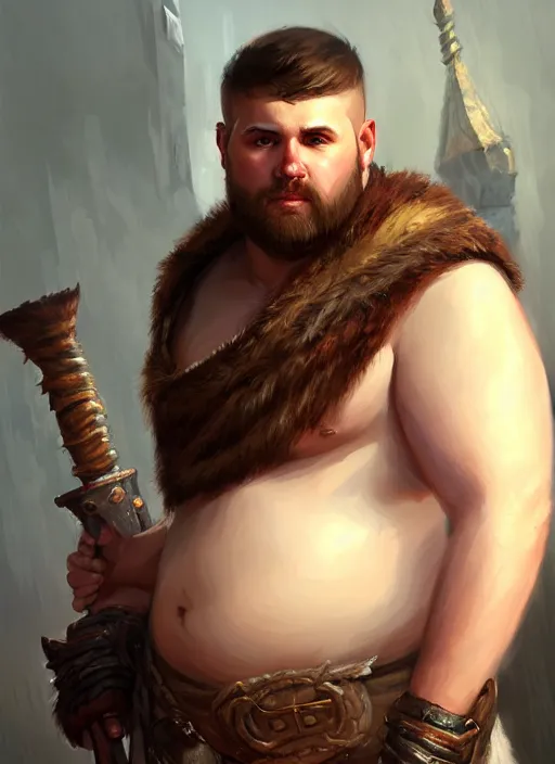 Image similar to a _ fantasy _ style _ portrait _ painting _ of chubby white barbarian male very short hair short stubble, brown hair, rpg dnd oil _ painting _ unreal _ 5 _ daz. _ rpg _ portrait _ extremely _ detailed _ artgerm _ greg _ rutkowski _ greg