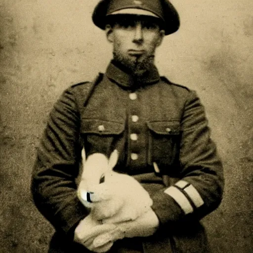 Image similar to a grainy black and white photograph of decorated war hero Rabby Rabbitson, the rabbit that saved England during ww1