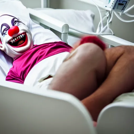 Image similar to confused laughing clown lying in hospital bed with wrist restraints on, restraint fabric straps attached to hospital bed, photograph, 8 k