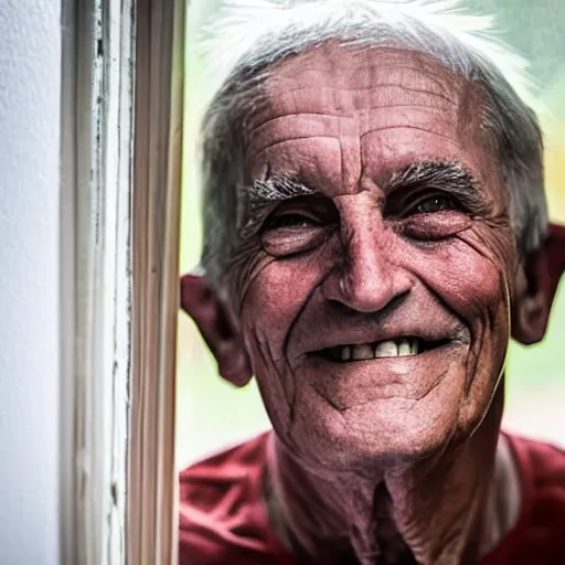 Image similar to an unseen smiling old man seen through a window