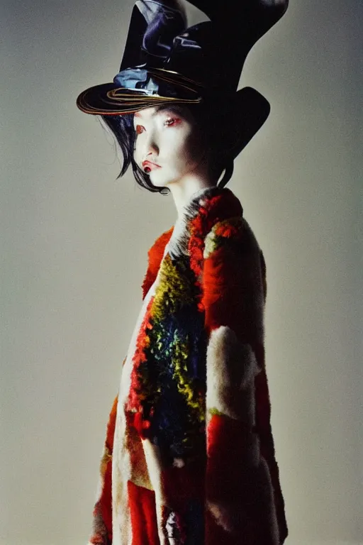 Image similar to realistic photoshoot for a new Jun Takahashi lookbook, color film photography, portrait of a beautiful model, in style of Tim Walker, 35mm, graflex