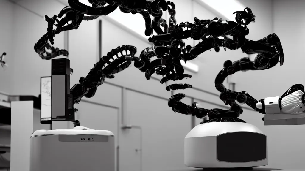 Image similar to a complex bifurcated robotic cnc surgical arm hybrid mri 3 d printer machine making swirling black and white ceramic mandlebulb mutant forms in the laboratory inspection room, film still from the movie directed by denis villeneuve with art direction by salvador dali, wide lens, f 3 2, cinematic lighting, studio quality, smooth render, unreal engine 5 rendered, octane rendered