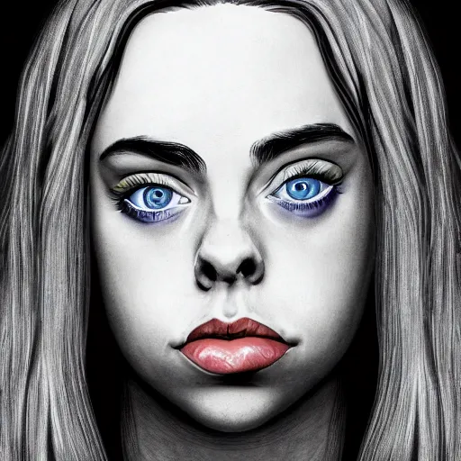 Prompt: billie eilish closeup face, in the style of piano man album cover, airbrush, realistic, low contrast