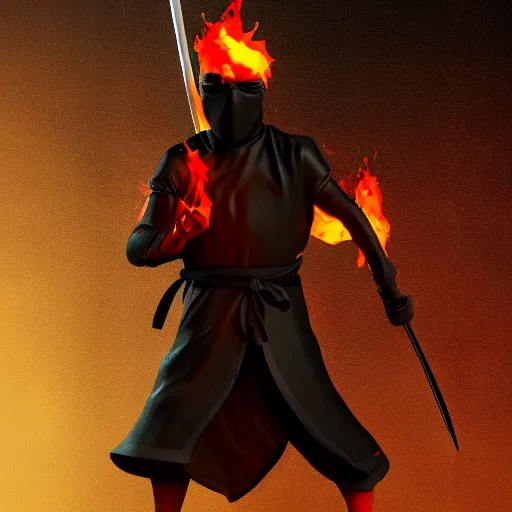 Image similar to a ninja with a sword in a fire background, 3 d render octane, trending on artstation