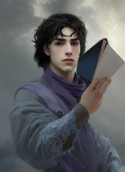 Prompt: character concept portrait of an handsome young focused Spanish wizard with pale purple skin enchanting an water spell, a floating iridescent spell book in the center, intricate, elegant, digital painting, concept art, smooth, sharp focus, illustration, from Metal Gear, by Ruan Jia and Mandy Jurgens and William-Adolphe Bouguereau, Artgerm