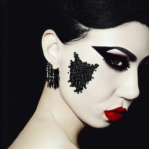 Image similar to a photograph of a woman with dark make-up around her eyes and red lipstick with slicked-back black hair wearing an outrageous Alexander McQueen mesh face jewelry across her face, encrusted with hanging beads and diamonds, haute couture, high fashion, Eiko Ishioka, film still, 16mm