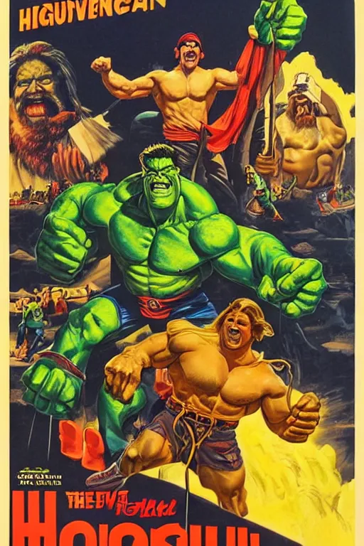 Image similar to vintage movie poster kulk kogan, hulk hogan, pointing dwarves, lightning, mountain, 1 9 8 2, drew struzan inspiration