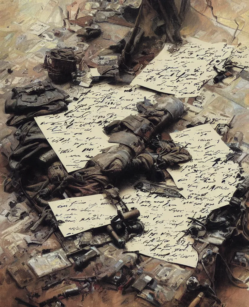 Image similar to a painting of lots of words in a hand written letter by a soldier in el alamein battle, war wwii, explosions, black and white, jeremy mann, alphonse mucha