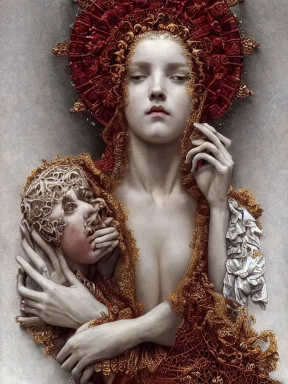 Image similar to a beautiful render of a baroque catholic veiled red queen with symmetry intricate detailed heart sculpture,pieta.by Lawrence Alma-Tadema, peter gric,aaron horkey,Billelis,trending on pinterest,hyperreal,jewelry,gold,intricate,maximalist,glittering,golden ratio,cinematic lighting