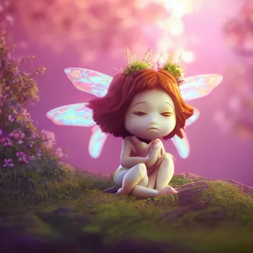 Image similar to a tiny cute fairy praying, realistic beautiful face, large eyes, cute, adorable, volumetric light, octane render, studio ghibli, trending on artstation