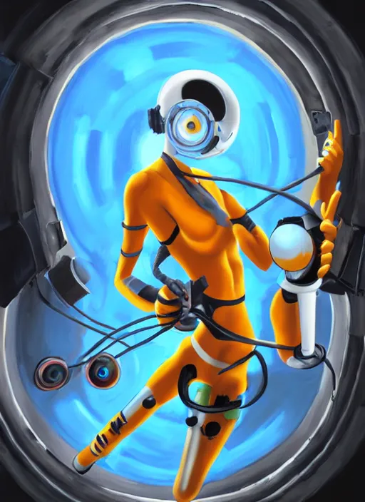 Image similar to full body oil painting of the character tracer holding a portal gun standing in a portal 2 test chamber, valve,