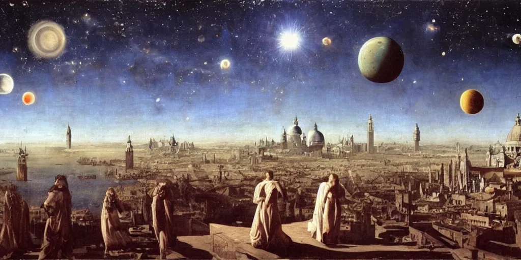 Prompt: scene from cosmologica a scifi movie by luchino visconti with mastroianni leaving the medieval cosmos to enter new universe. venice in the background. blue sky with a lot of stars and planets in the style of ( ( ( renaissance cosmological painting ) ) ). cinematic, technicolor, photorealistic, direct lighting, highly intricate, extremely realistic.