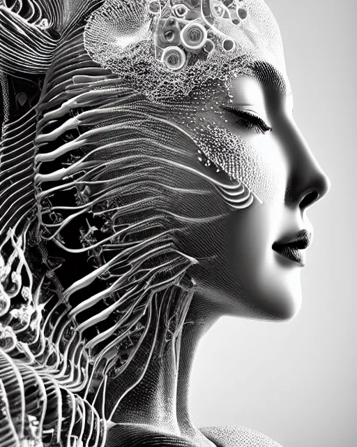 Image similar to mythical dreamy black and white organic translucent bio-mechanical spinal ribbed profile face portrait detail of mechanical beautiful female angelic-snowy-human-cyborg, highly detailed, intricate crystal jelly steampunk ornate, poetic, 3D render, digital art, octane render, 8K artistic photography, photo-realistic, by Dora Maar