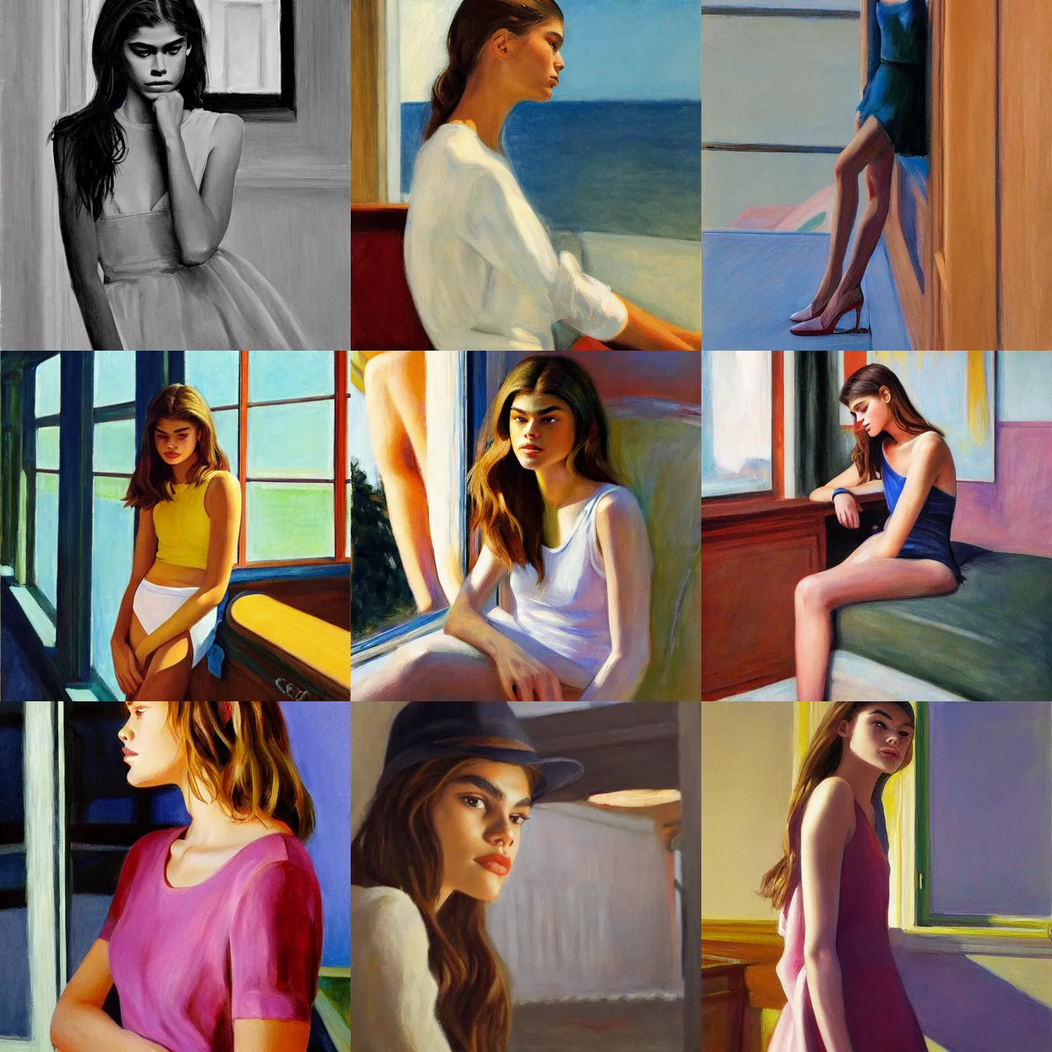 Prompt: kaia gerber, art by edward hopper. cinematic, american realism, high detail