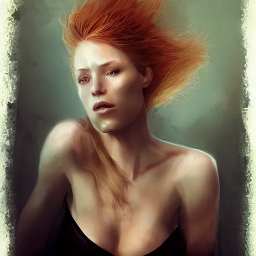 Prompt: portrait of woman with strawberry blond hair by bastien lecouffe - deharme and charles bowater, bangs, ponytail, black tank top