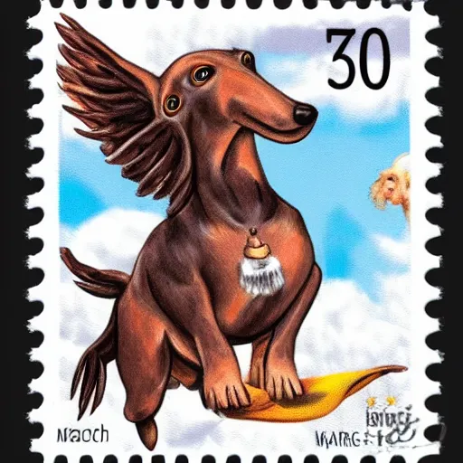 Image similar to sausage dog riding a griffon, through the clouds on a postage stamp, artistic rendering, 4 k high rez, abstract design, stary night sky