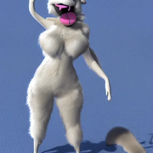 Image similar to 3 d render, well toned, large and tall, female, anthropomorphic wolf with a short snout, furless, fur with white spots, icey blue dress, blue scales covering her chest.