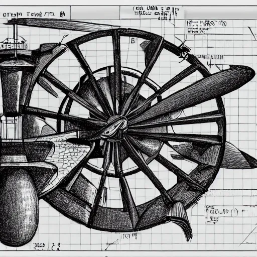 Prompt: detailed technical drawing of a flying machine