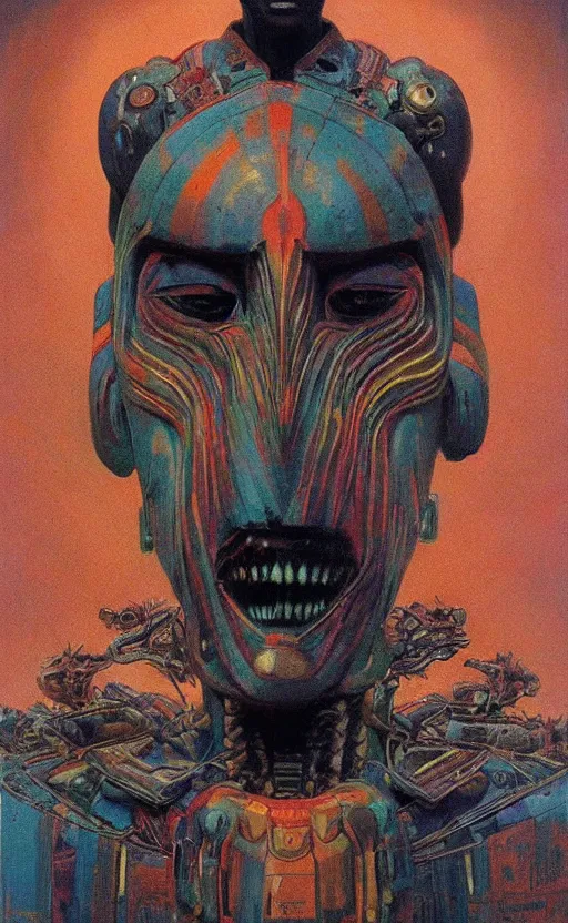 Image similar to portrait of mecha african tribal chief, symmetrical, dramatic lighting, colourful, art by zdzislaw beksinski,