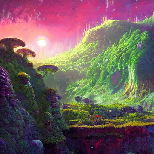 Image similar to digital art of a lush natural scene on an alien planet by paul lehr. extremely detailed. high quality render. beautiful landscape. weird vegetation. cliffs and water.