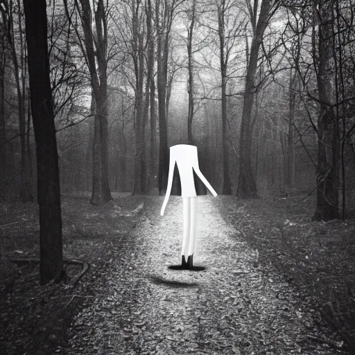 Image similar to slenderman black and white photo, amateur photography