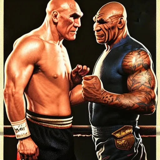 Prompt: vinnie jones and mike tyson fighting in a pub, real life skin, intricate, elegant, highly detailed, artstation, concept art, smooth, sharp focus, art by artgerm and greg rutkowski and alphonse mucha