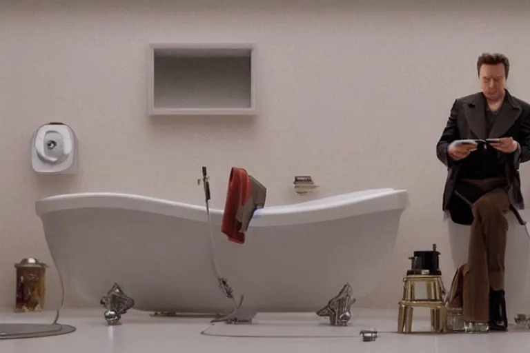 Image similar to hyperrealism aesthetic ridley scott and denis villeneuve style close - up photography of a detailed hyperrealism elon musk, siting on a detailed hyperrealism toilet and scrolling his smartphone in hyperrealism scene from detailed art house movie in style of alejandro jodorowsky and wes anderson