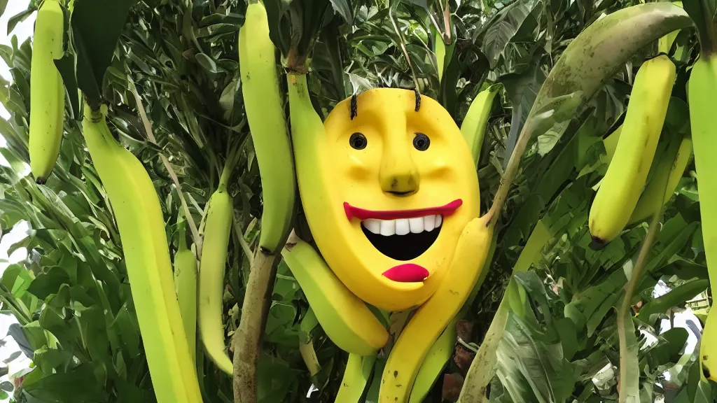 Image similar to a very happy banana face, vivid