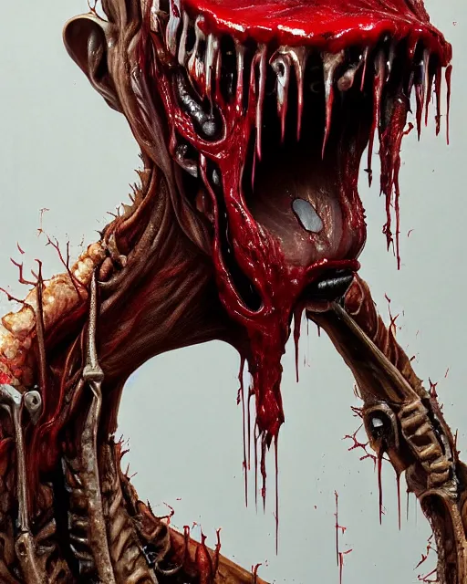 Image similar to Haunting horrifying hyperrealistic detailed painting of a tall slim surreal extraterrestrial creature made of bone texture, gelatinous goo oozing from mouth, heavy metal, and bloodshot eyeballs, hyper detailed, trending on Artstation