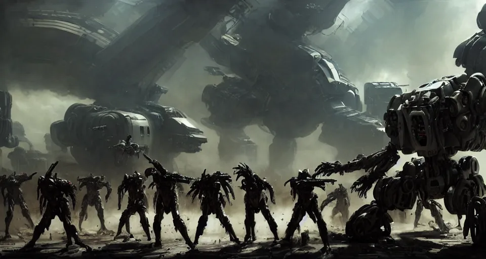 Prompt: hyper realistic sci - fi matte concept art painting of dramatic cinematic battle scene between humanoid zombie - battlemechs of flesh fighting, guns, missiles, explosions, beautiful details, strong composition painted by kim jung guweta studio rutkowski, james gurney and greg rutkowski, and lucasfilm, smooth, intricate, detailed, sharp focus, cinematic