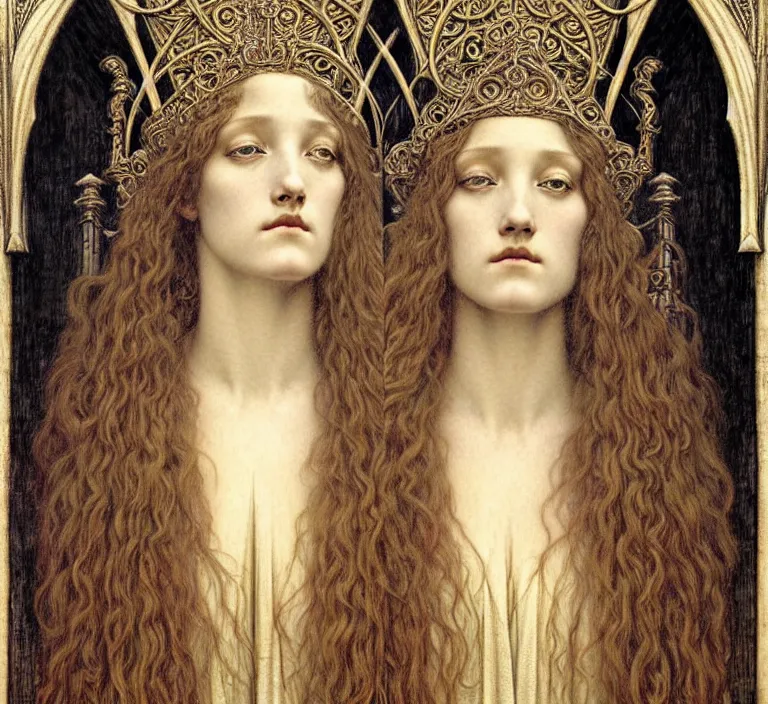 Image similar to detailed realistic beautiful young medieval queen face portrait by jean delville, gustave dore and marco mazzoni, art nouveau, symbolist, visionary, gothic, pre - raphaelite. horizontal symmetry