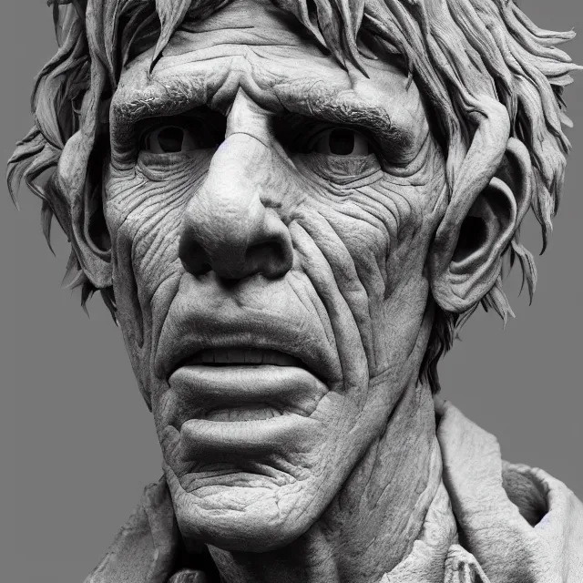 Image similar to photography of a bust of Keith Richards made of clay by Sebastian Kruger and Michelangelo, wrinkles, 50mm, studio atmosphere, 8K, rim light, octane render, ultra-realistic