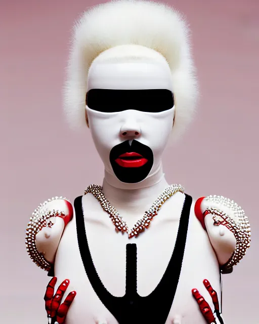 Prompt: symmetrical portrait of an albino woman wearing a silicone diamond studded red beauty mask and white hair buns, wearing a black bodysuit by alexander mcqueen, cream white background, soft diffused light, biotechnology, humanoid robot, bjork aesthetic, translucent, by rineke dijkstra, intricate details, highly detailed, masterpiece,