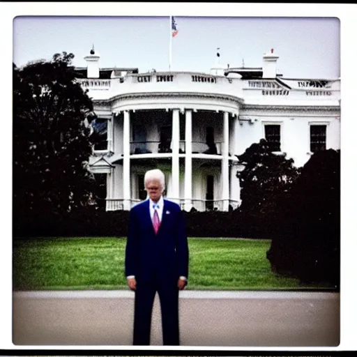 Image similar to polaroid photograph of Joe Biden standing in front of the white house on fire