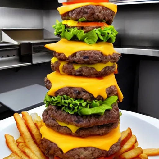 Prompt: a cheeseburger tower made of gigantic stacks of meat patties and cheese slices with a bun on each side, delicious looking burger - stack - tower