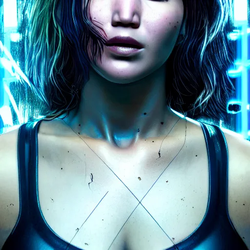 Image similar to jennifer lawrence portrait, cyberpunk 2 0 7 7, cyberpunk judy alvarez, photorealistic, ultra detailed, neon, octane, bokeh, cinematic lighting, cyber, cyberpunk city, studio quality, feature, scars, cyberface, 8 k