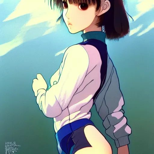 Image similar to a beautiful! boyish! natalie portman alluring gravure! model, wearing oversized mayan bomber jacket and leotard with overalls, bulky poofy bomber jacket with mayan patterns, gapmoe yandere grimdark, trending on pixiv fanbox, painted by greg rutkowski makoto shinkai takashi takeuchi studio ghibli, akihiko yoshida