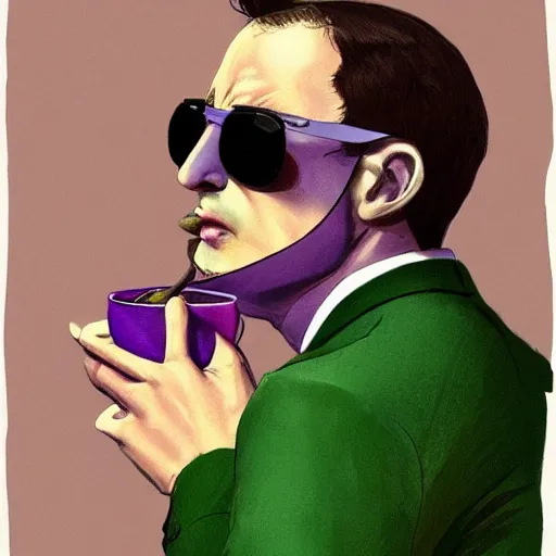 Image similar to man in green suit, with green hat, drinking tea, purple undershirt, Wearing Shades, highly detailed, fantasy, D&D, by Viktor Antonov